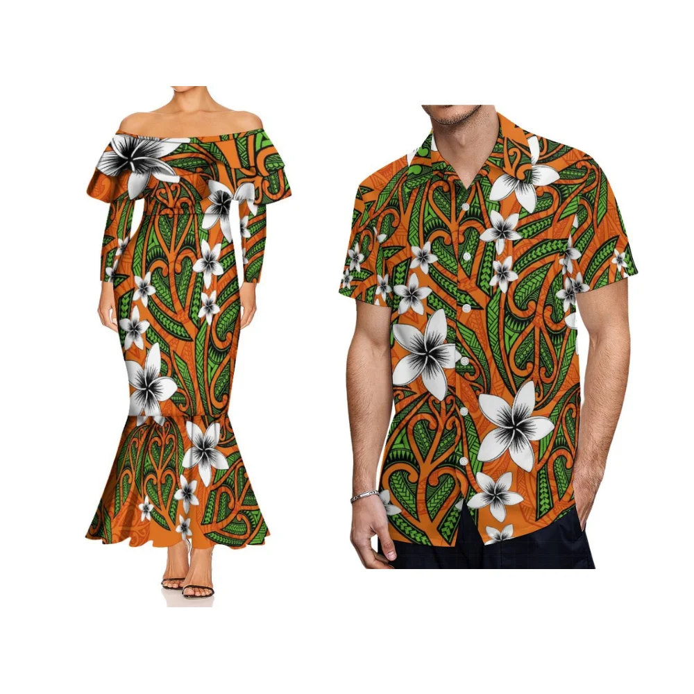 Vestido feminino polinésio feito sob medida, um ombro, camada dupla, babados, manga comprida, rabo de peixe para uma casal elegante