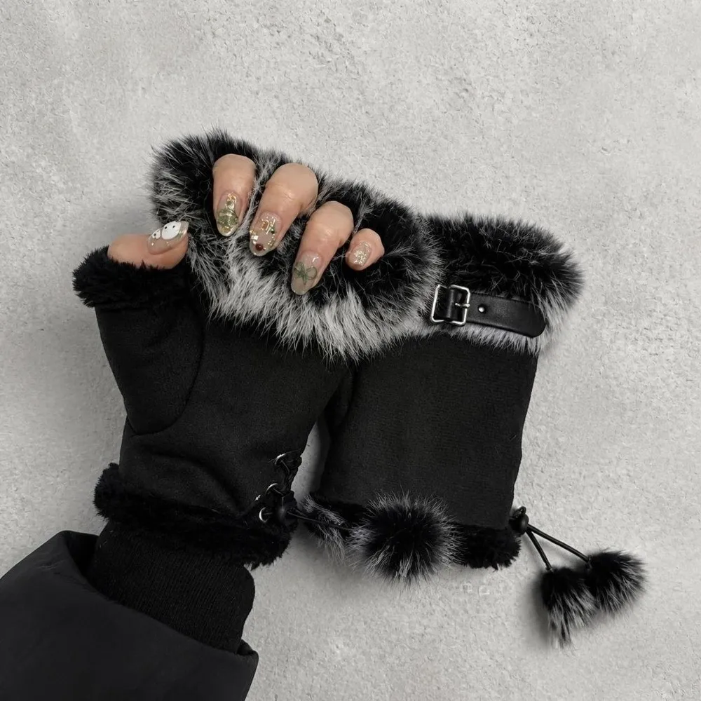 Faux Fur Lining Fingerless Gloves Suede Windproof Half Finger Gloves Winter Warm Leopard Print Y2K Mittens Christmas Gift