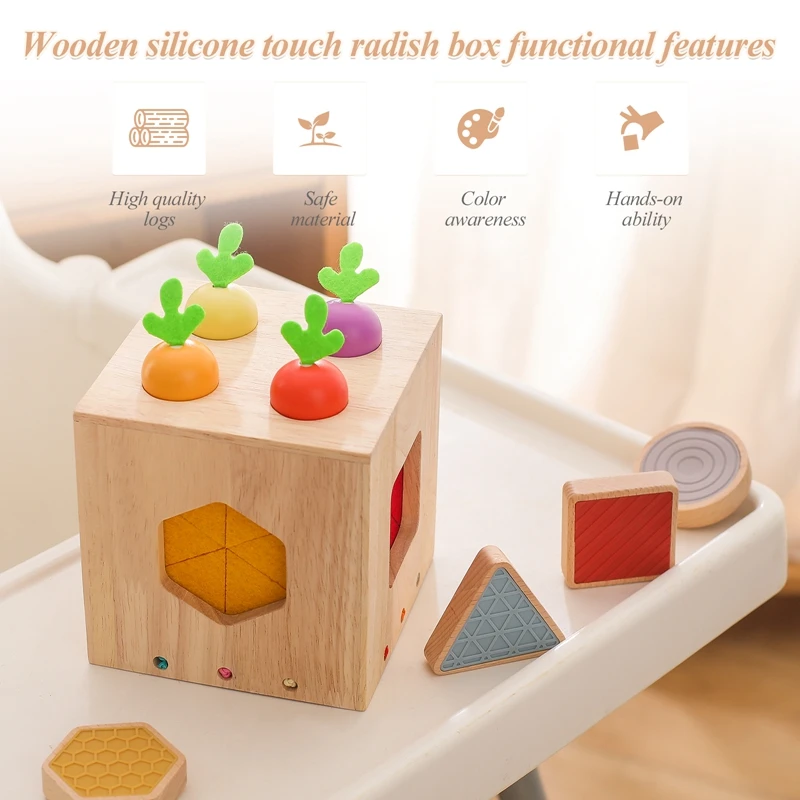 Baby Wooden Silicone Touch Radish Blocks Box Toys Color Recognition Pretend Game Removable Exercise Hands Skills Montessori Toys