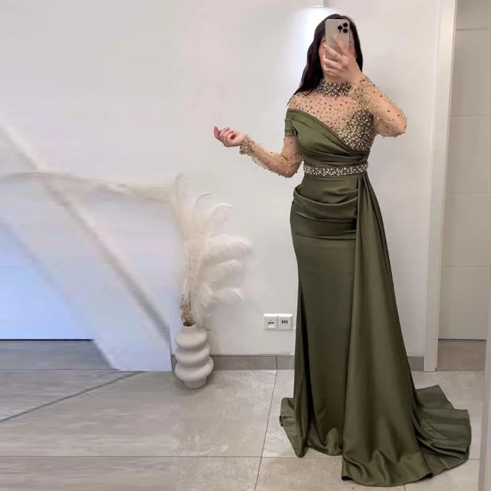 

Вечерние платья с прозрачным вырезом по индивидуальному заказу и бусинами со шлейфом по бокам فساتين سهرة с длинным рукавом оливково-зеленого цвета, платья русалки, платья de fiesta