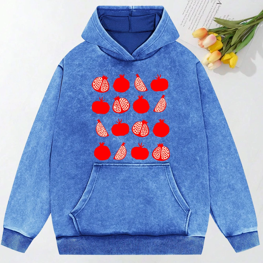 Pomegranate Form Illustration  Print Women Snow Wash Hoodie Autumn Loose Hoody Casual Loose Pullover Vintage Cotton Sportswear