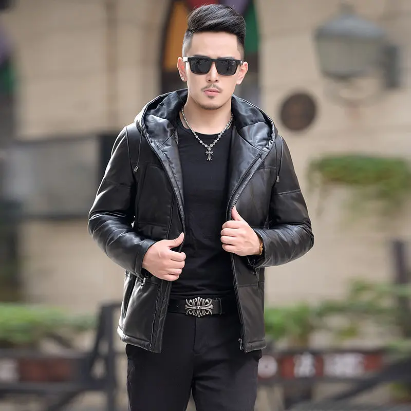 Men\'s Genuine Leather Down Jacket Man Short Sheepskin Coat Thickened Hooded Down Coat Slim Fit  Korean Luxury Puffer Jacket Men