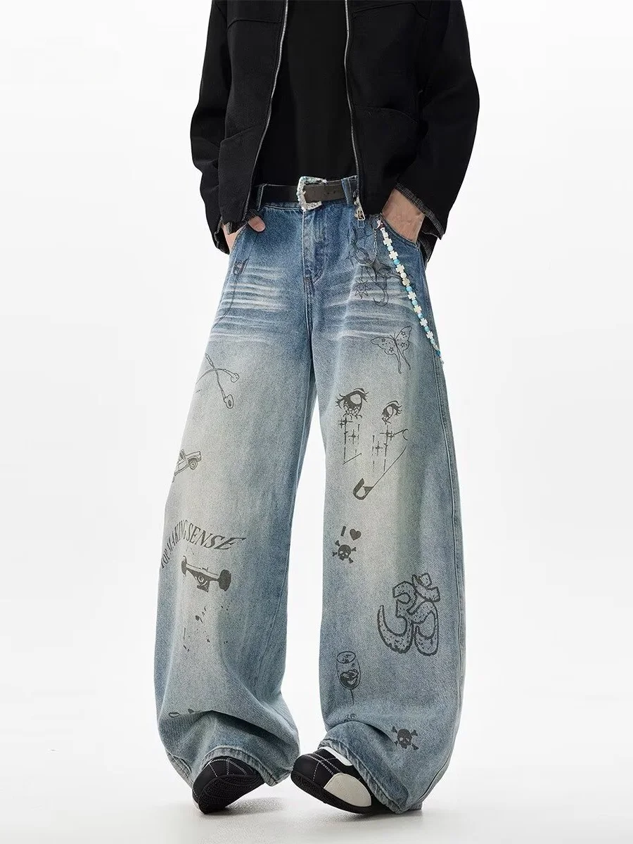 Men's Y2K Jeans Hip Hop Baggy Denim Pants Spiderweb Graphic Jeans Goth Denim Joggers Streetwear
