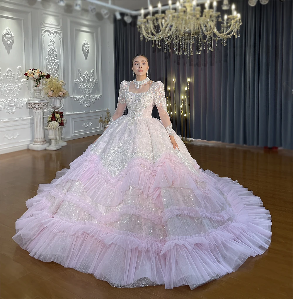 puffy pink wedding dresses Off-Shoulder light wedding dress with Handmade Flower Lace Appliques and 3D Floral Embellishments