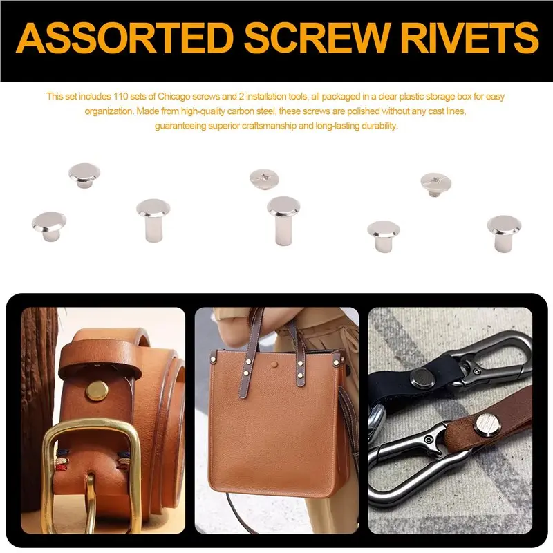 BAAG-Chicago Screw Leather Rivets Assorted Screw Rivets M5 Chicago Binding Screws For Decorating PU Craft Belts(110PCS)