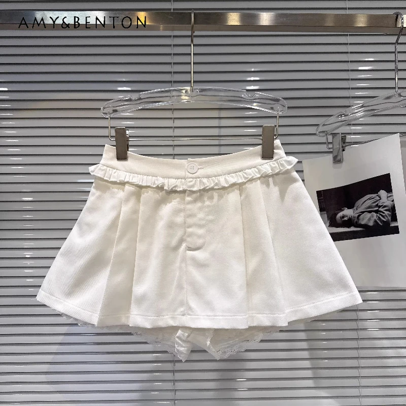 

Retro Original Design Sweet Lace Splicing Women's Anti-light Skirt Pants 2026 New Fashion Versatile Thin Pleated Skirts Ladies