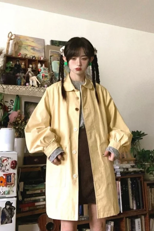 

Trenchcoat Coats Woman Elegant Turn-Down Decoration Large Wrinkled Gradient Early Elastic Fiber Comfortable Cinched Splice