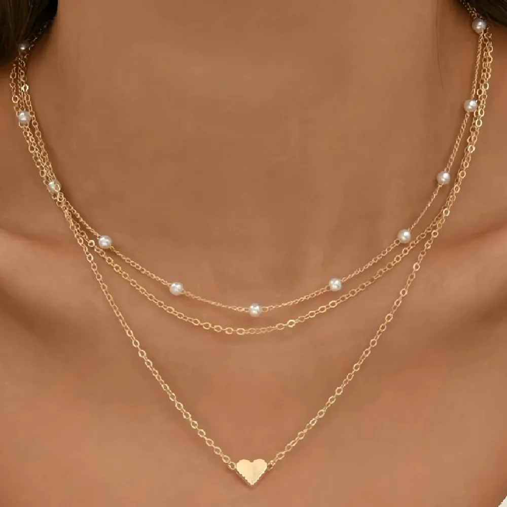 

2026 New Women's Pearl Necklace Set 14K Gold Fashion Love Heart Pendant Waterproof Hypoallergenic Collarbone Neck Chain Jewelry