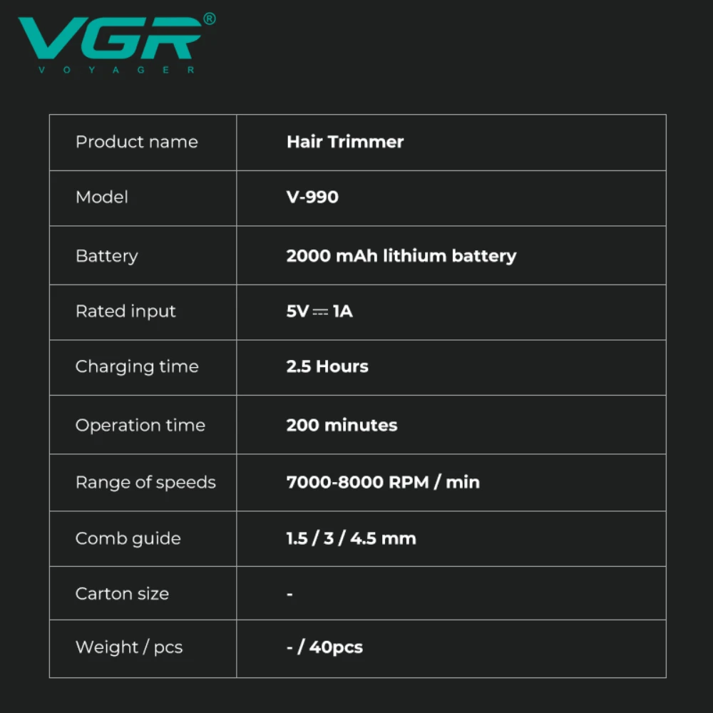 VGR Hair Trimmer Cordless Hair Cutting Machine Barber Electric 8000 RPM Hair Clipper Professional Haircut Trimmer for Men V-990