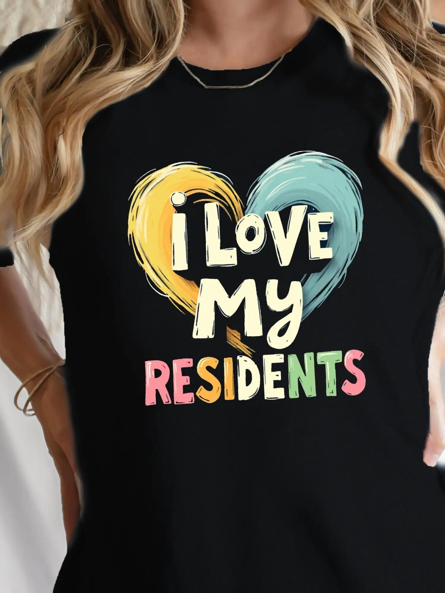 

Женская футболка с рисунком Teediy I LOVE MY RESIDENTS, черная, удобная посадка, повседневный топ с короткими рукавами и красочным дизайном в форме сердца