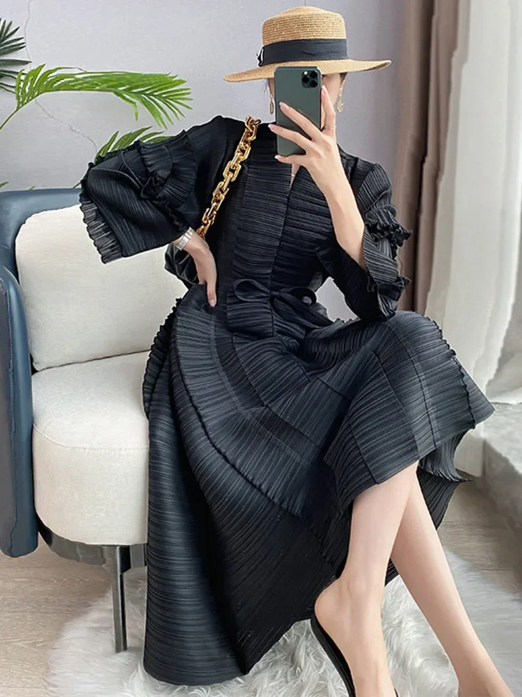 

Ruffles Long Dress Women 2024 Spring Long Sleeves Midi Bandage Pleated Dresses Female Festival Clothing 2R1610