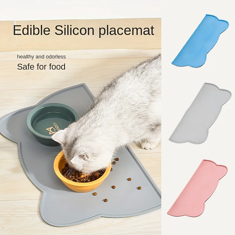Silicone Pet Feeding Mat Cat Ear Shape, Non-Slip Dog Cat Bowl Mat with Spill Catching Edge, Easy to Clean Floor Protector