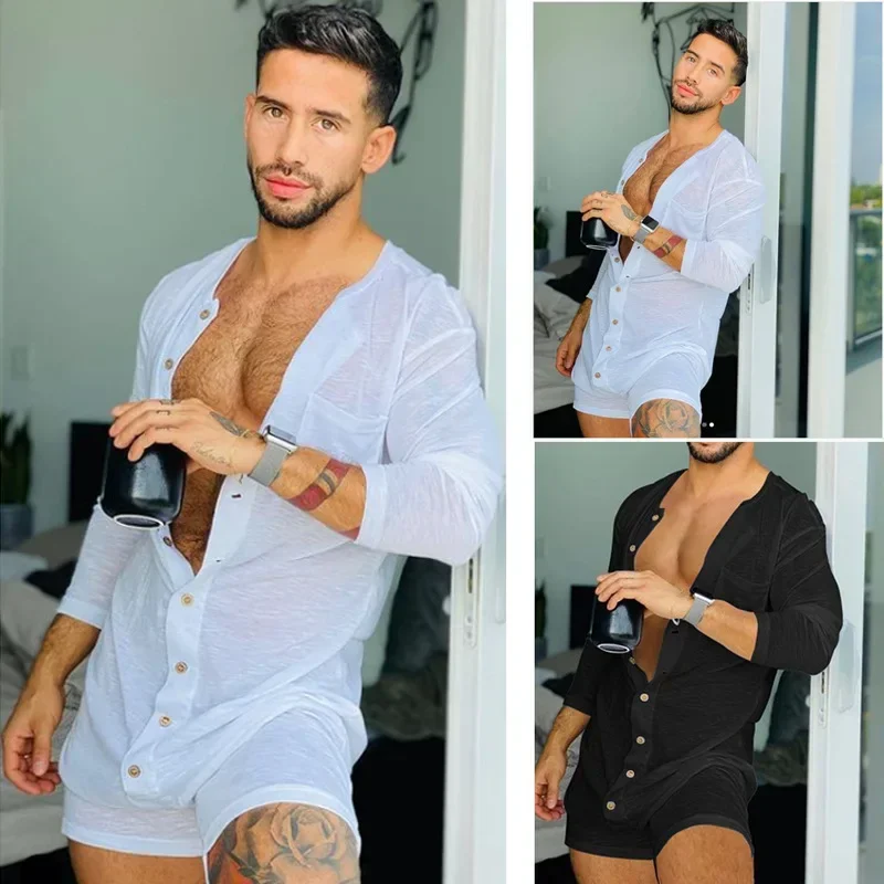 

Sleeve Pajamas Men Onsies Adult Clothes Jumpsuit Onesies New Short Color Mens Homewear 2021 Solid Sexy Tight Long Jumpsuit