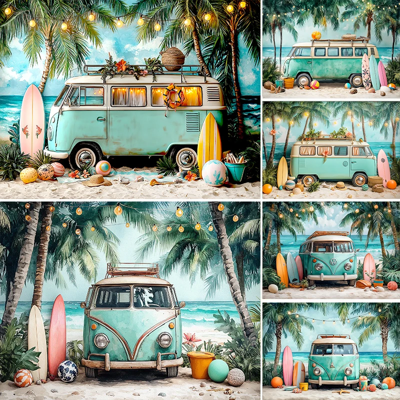 

LS Photography Background Summer Hawaii Beach Palm Trees Green Bus Decoration Backdrop Cake Smash Baby Shower Birthday Prom