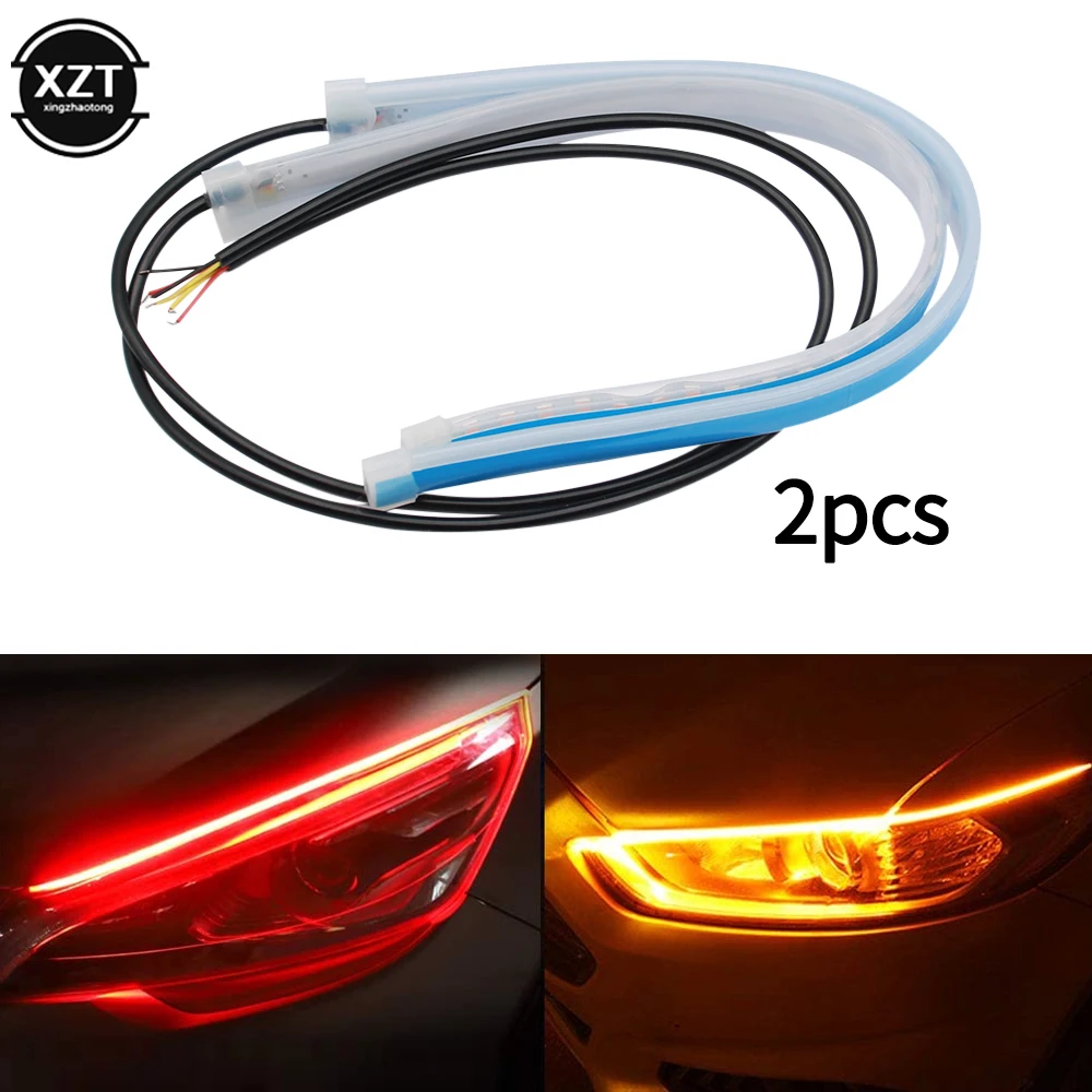 2Pcs Daytime Running DRL LED Light Bar Turn Signal Light Yellow Bright Flexible Turn Signal Lights For Car Headlights