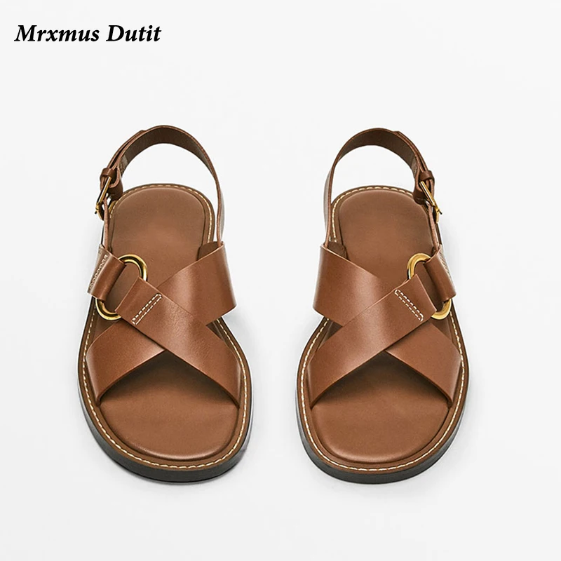 

Mrxmus 2023 New Spring Summer Fashion Leather Cross Belt Design Open Toe Roman Sandals Women Simple Casual Flat Shoes Female