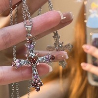 Y2K Zircon Cross Necklace Pink Purple Love Heart Cross Pendant Necklaces for Women Gothic Jewelry Party Girls Accessories 2023