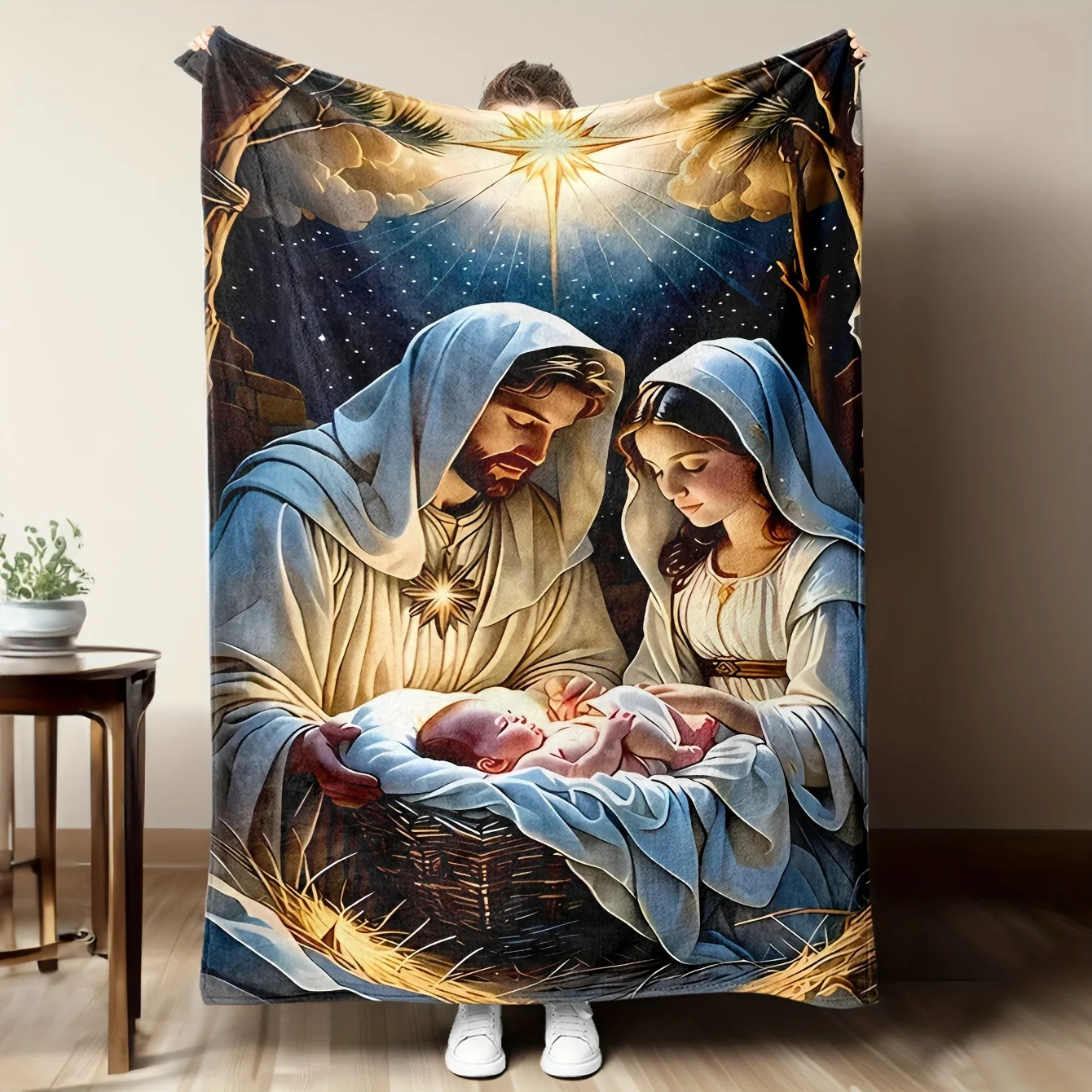 Christmas Throw Blanket - ผ้าห่มคริสต์มาสลายพระเยซู พระแม่มารี นักบุญโยเซฟ และพระกุมารเยซู ผ้าห่มฟลานเนลสำหรับตกแต่งโซฟาในเทศกาลคริสต์มาส