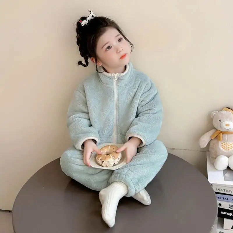 

Детские пижамы из кораллового флиса для девочек, зимняя утолщенная домашняя одежда, 2026, однотонный детский фланелевой комплект для детей, девочек, домашних малышей