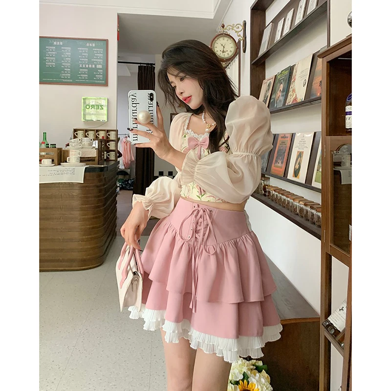 Autumn Pink Kawaii Mini Skrts Women Lace Patchwork Korean Fashion Party Skirt Female Casual Chic Designer Bandage Skirts 2022