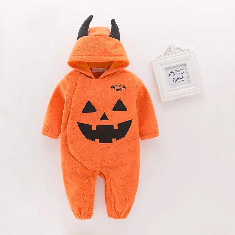 Baby Halloween Pumpkin Hooded Romper HornFleece Jumpsuit Newborn Autumn Winter Christmas Cosplay Costume Party Dress Up Outfit