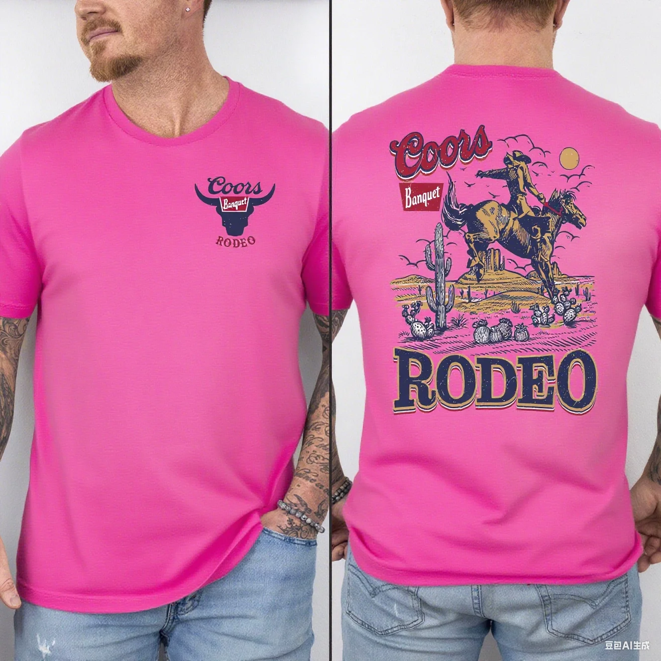 Men's Cotton Tee with Banquet Rodeo Artwork Classic Rodeo Design Front and Back Prints Streetwear Print New Arrival Tee S-4XL
