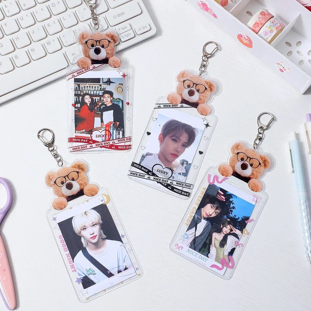 Cute Bear Photocard Holder PVC Women Girls Bank Id Card Holder Keychain Kpop Idol Photos Sleeve Case Cover School Stationery