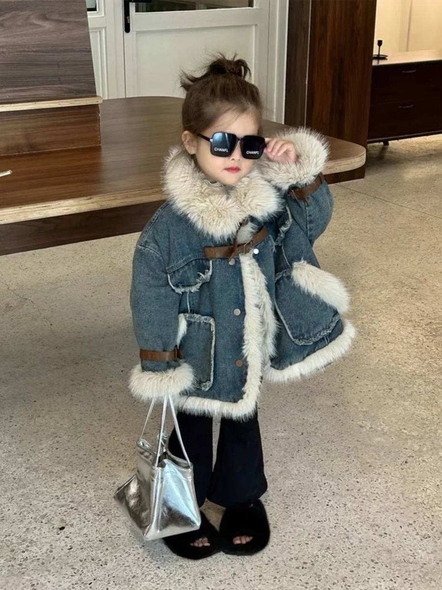 Girls Blue Fur Coat Autumn and Winter 2024 New Korean Version Children Fashion Cashmere Girls Denim Clothes Warm Jacket