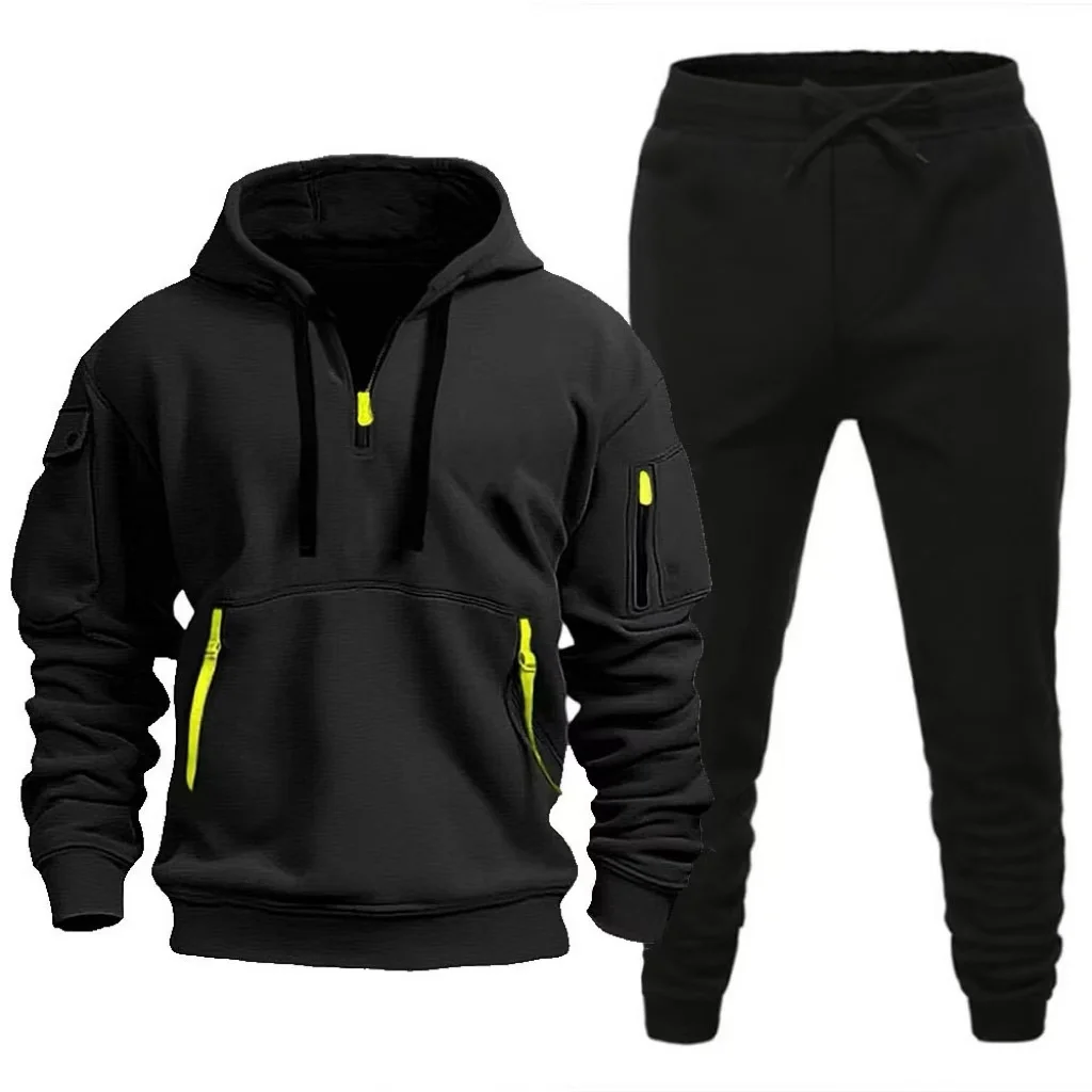 

2025 New Autumn and Winter New European and American Solid Color Fleece Sweater Pants Men's Casual Zipper Sports Hat Set