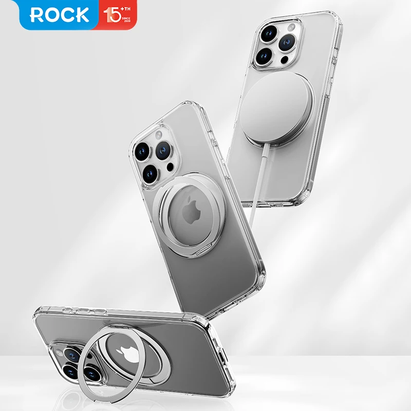 

Чехол Rock для iPhone 16 Pro Max Магнитный прозрачный, тонкий прозрачный чехол из поликарбоната и ТПУ с вращающимся складным кольцом-подставкой