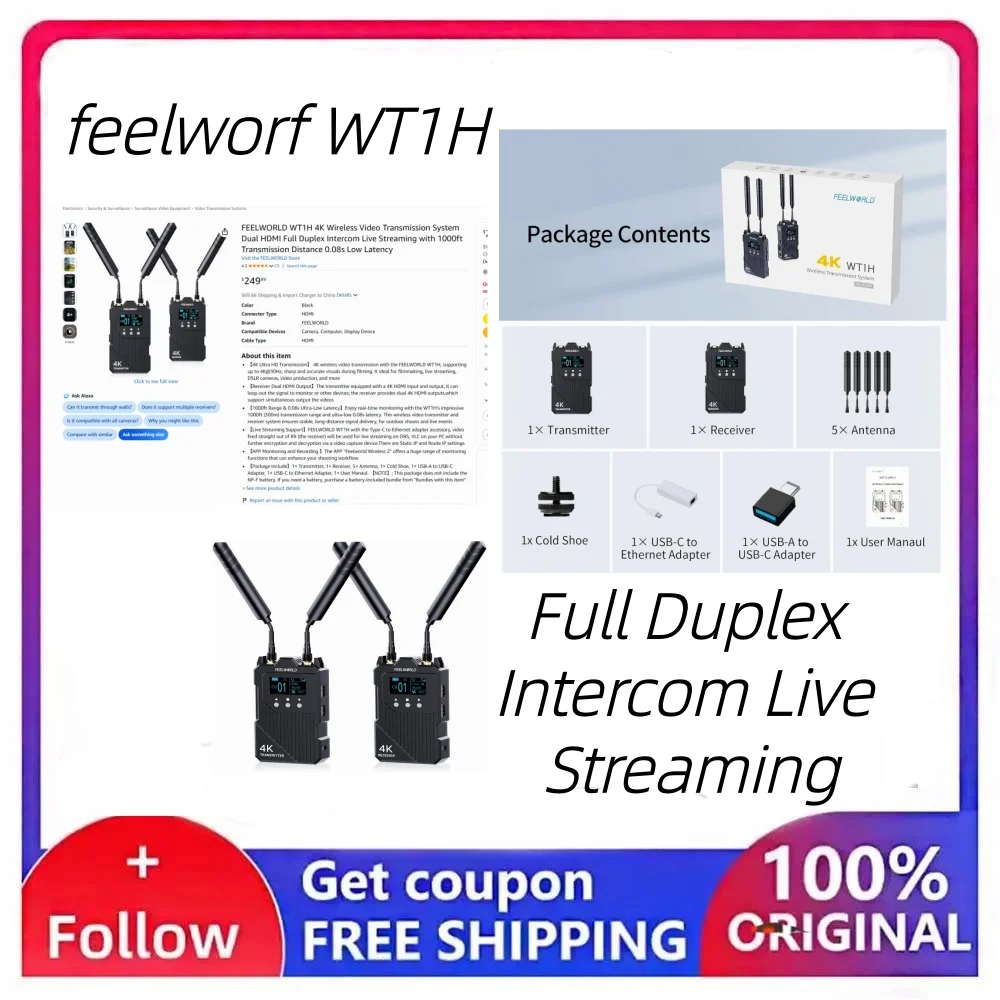 FEELWORLD WT1H 4K Wireless Video Transmission System Dual HDMI-compatible Full Duplex Intercom Live Streaming