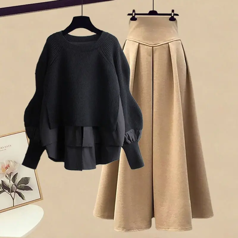 Women Spring Autumn Two Pieces Sets Korean Long Sleeve Pullover Knitted Sweater And Pleated skirt Long Suit