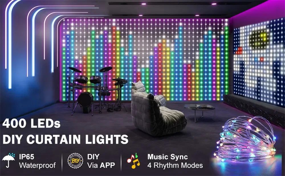 400 LEDs Smart Vorhang Lichter DIY Text LED String RGB Wasserdichte Lichterkette Musik Sync Display für Fenster Schlafzimmer Party decor