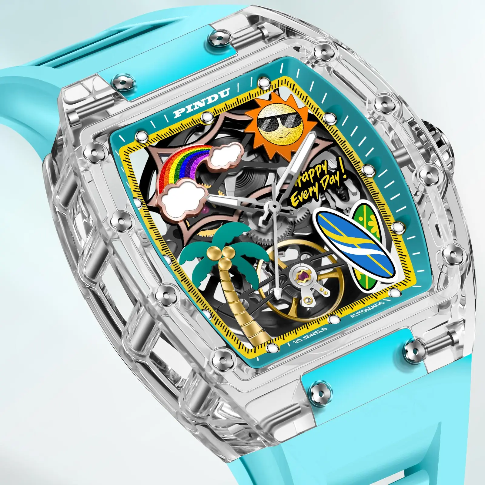 PINDU Design New Bucket Shaped Mechanical Men Watch K9 Glass Summer Beach Style Night Light Silicone Waterproof Automatic Watch