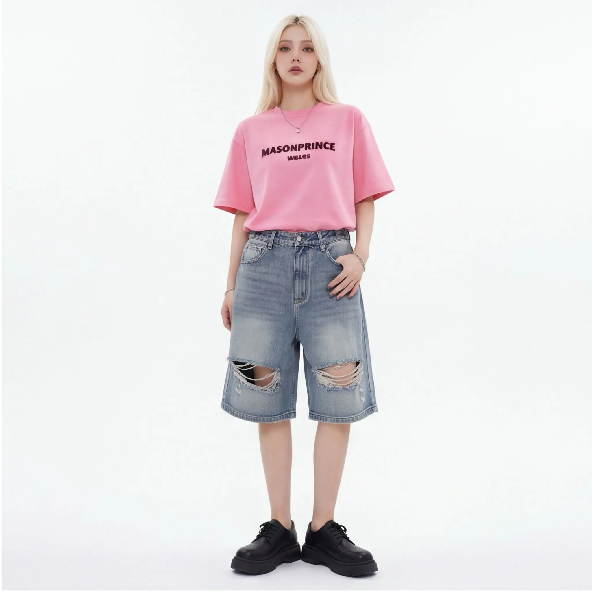 CHIC Beggar Distressed Destroyed Holes Jorts Denim Jeans for Women BF Casual Loose Wide Leg Denim Shorts Men Retro Half Pants