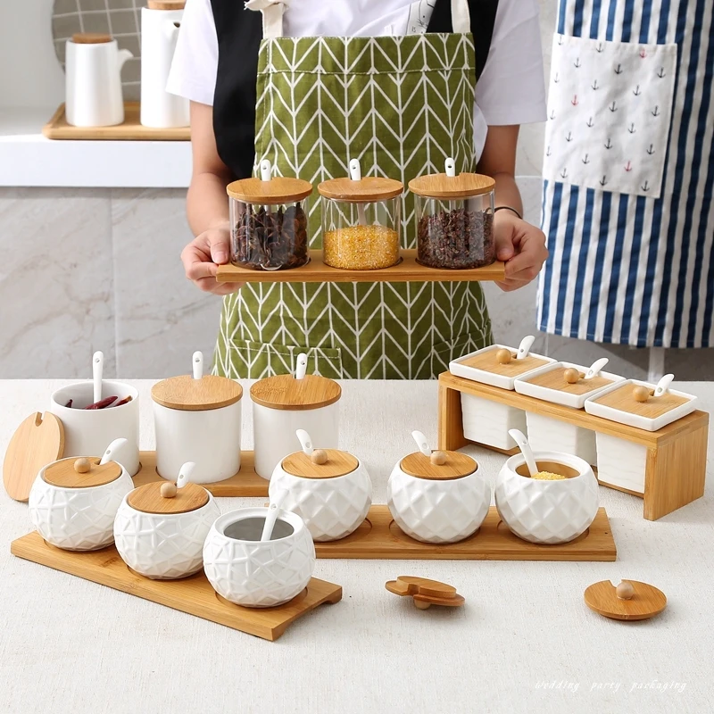 Ceramic Condiment Storage Jar Kitchen Seasoning Tank Household Seasoning Pot Bamboo Tray Spice Jar Soy Sauce Box Salt Sugar Can