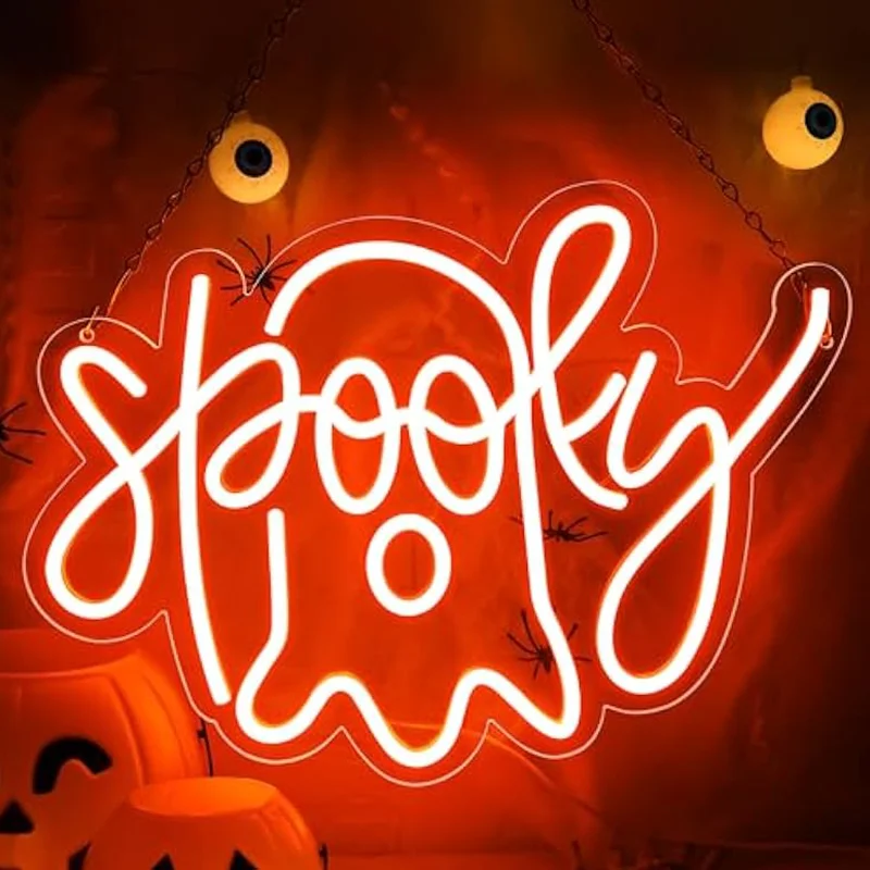 

Halloween Ghost Neon Sign Orange Ghost Light Up Sign Wall Decor for Halloween Kitchen Bar Bedroom Party Man Cave Birthday