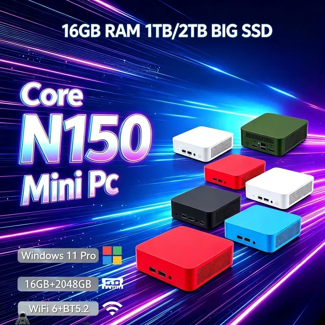 Intel Core N150 Mini PC Pocket‑Sized Desktop Computer Win11 16GB RAM 1TB 2TB SSD WIFI6 BT5.2 4K Home Gaming Small PC