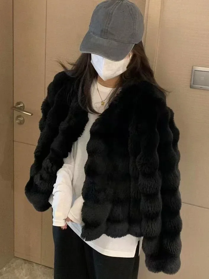 White Fur Coat for Women 2024 Autumn and Winter New Style Short Imitation Fur Plush Collarless Top Short Top Warm and Trend