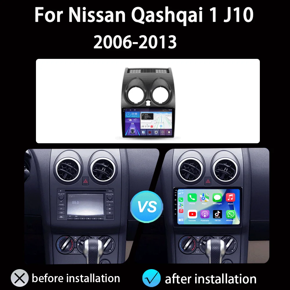 Android 16 For Nissan Qashqai 1 J10 2006 - 2013 Carplay Auto 4G+WIFI GPS Car Radio Navigation Multimedia Video Player Stereo BT