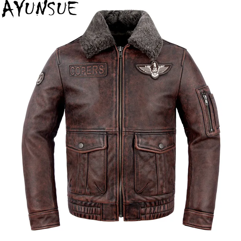 AYUNSUE Fashion Genuine Leather Jacket Men High Quality 100% Top Layer Cowhide Real Leather Coat Man Clothing Vintage Casual