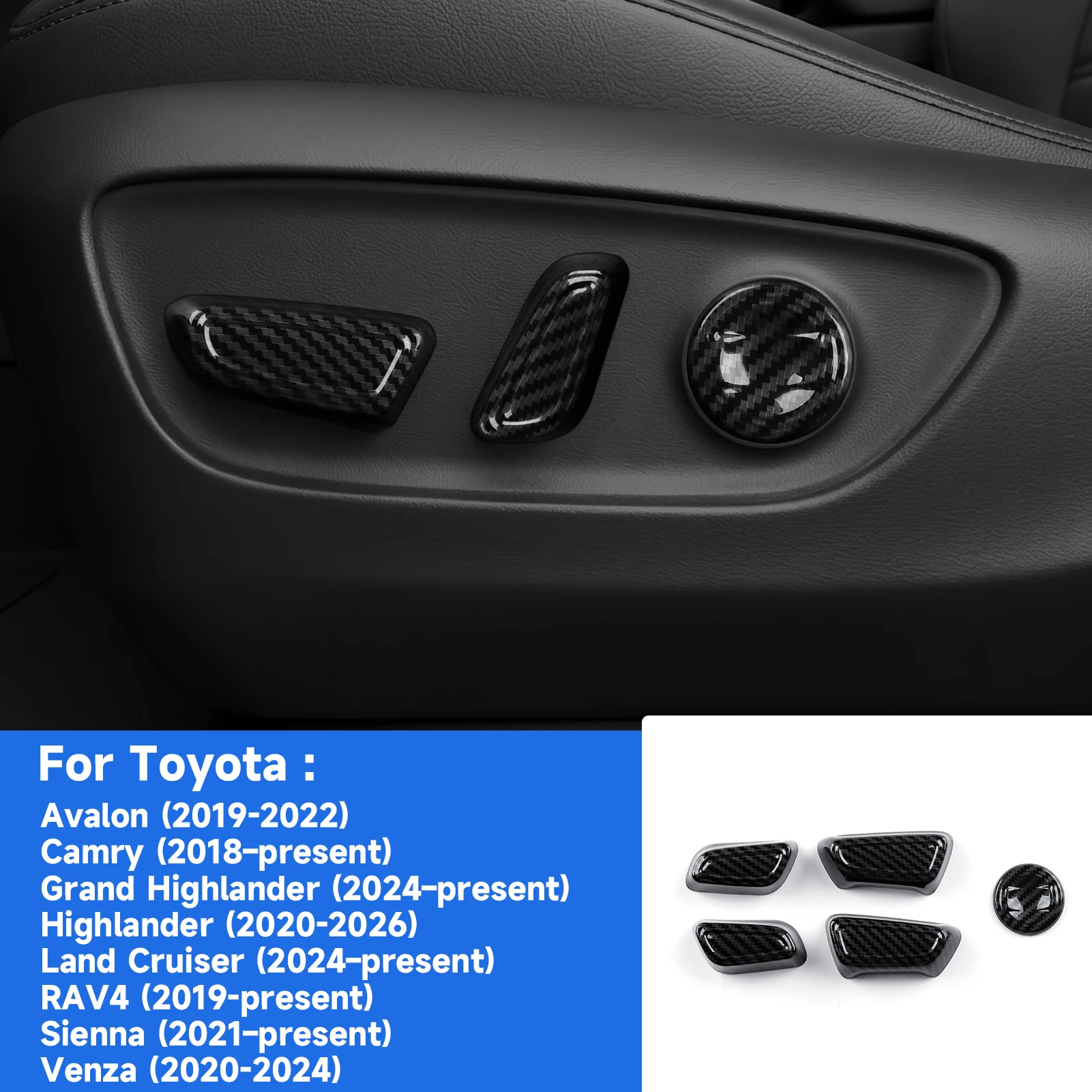 Car Seat Adjust Switch Panel. For Toyota RAV4 Avalon Camry Highlander Land Cruiser Sienna Accessories. ABS Carbon Fiber Sticker. - view 2