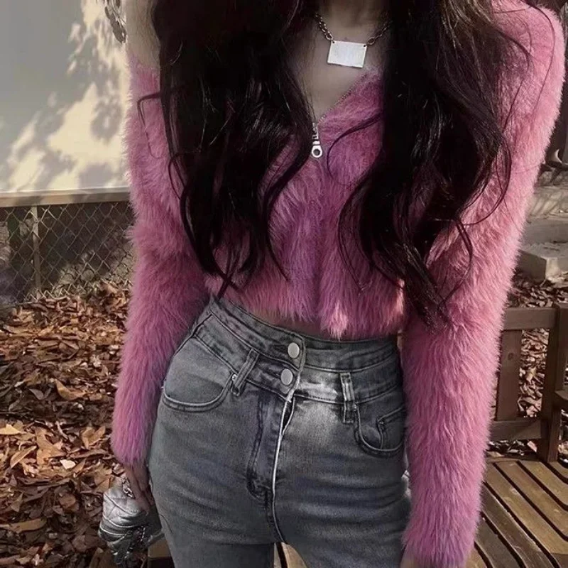 Soft Solid Color Mohair Cropped Pink Cardigan Women Slim Wild Half Zipper Sweaters for  Fleece Crop Tops Black White