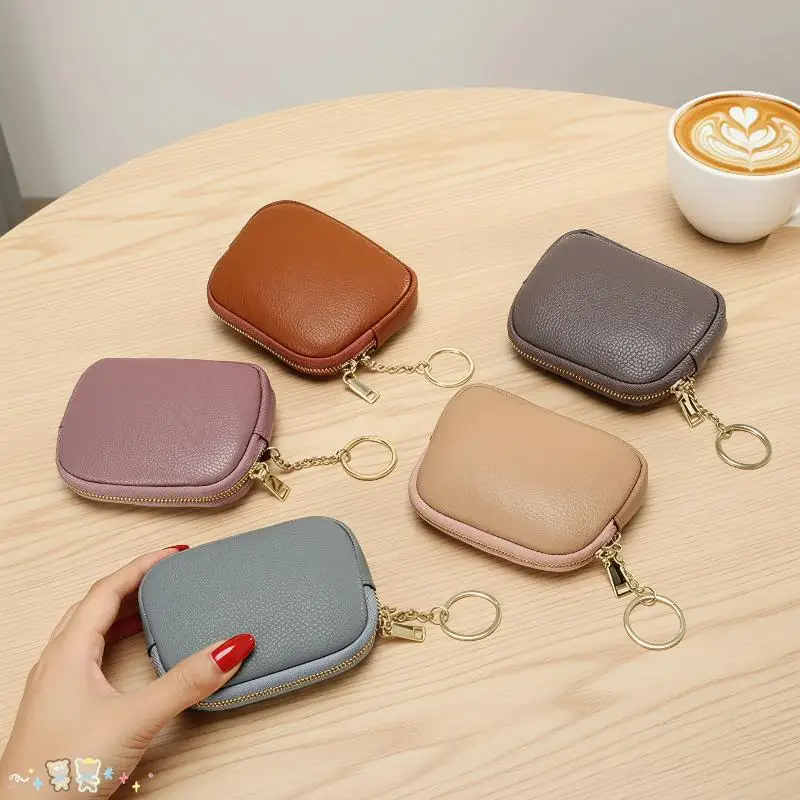 Brown Litchi Grain PU Leather Coin Purse With Sturdy Zipper Key Ring For Daily Use Carry Cash Cards Lipstick Small Essentials