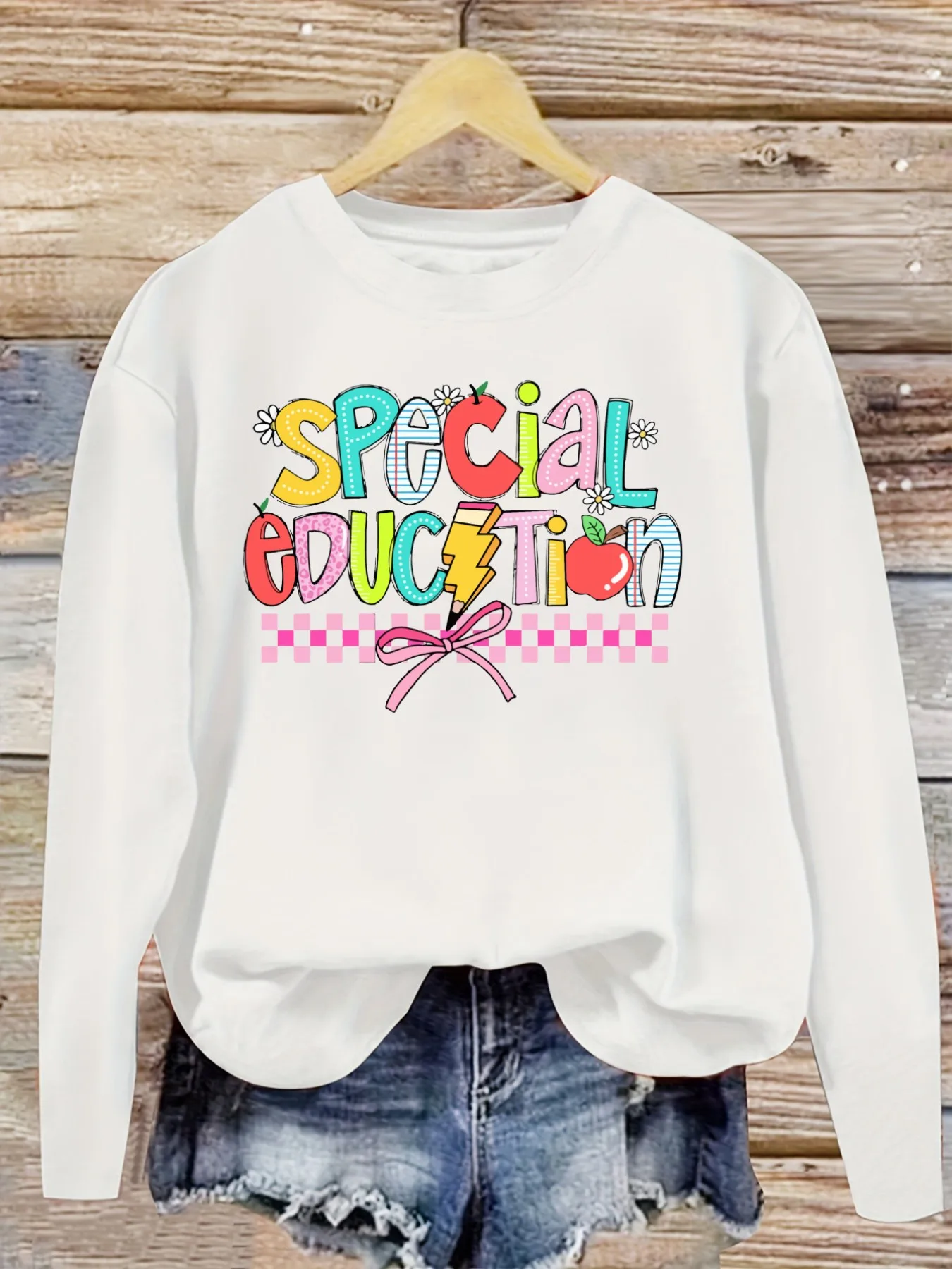 Women's Casual Long Sleeve Crew Neck T-Shirt Special Education Rainbow Apple Bow Design, Round Neck Women's Clothing, Machine Washable, Slightly Elastic, Loose Fit, Spring Autumn Winter Women's T-Shirt, Halloween Costume Outfit view 5