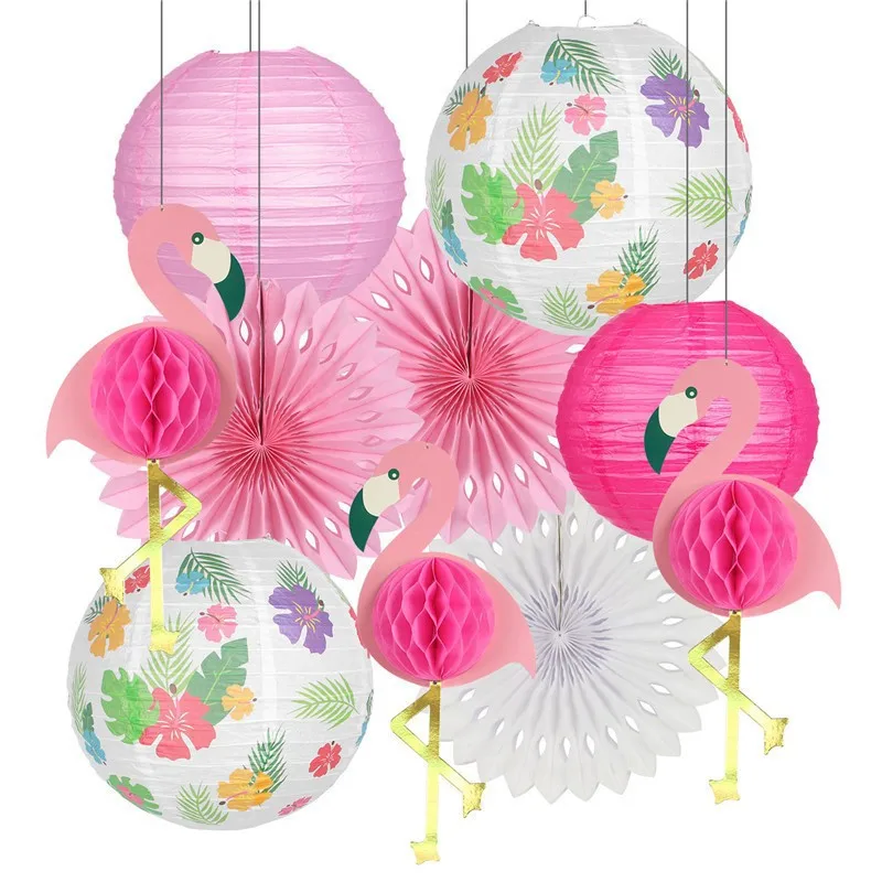 Set de abanicos de papel con forma de bola de panal de abeja de flamenco 3D, decoración para fiestas de cumpleaños de verano en la playa