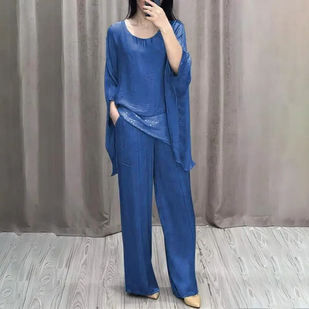 Women Casual Suit Splicing Top Wide Leg Pants Loose Outfit For Home Party Office Round Neck Batwing Sleeve Commuting Suit