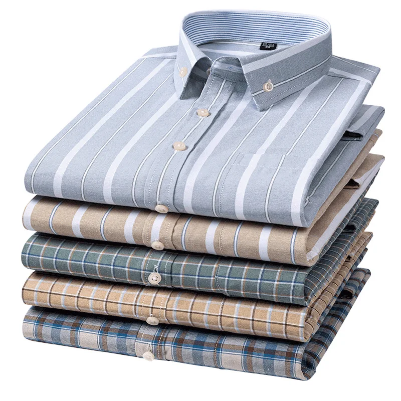 100% Cotton Oxford Men Shirts Long Sleeves Plaid Soft Regular Fit Formal Dress Shirt Pocket Social Blouse Male Clothes 6XL 7XL