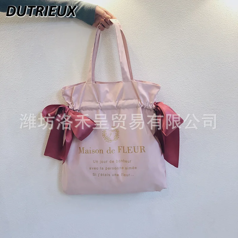 Japanese Handbag for Girls Fashion All-Match Lolita Cute Sweet Pink Bow Shoulder Bags Women Canvas Tote Bag Student