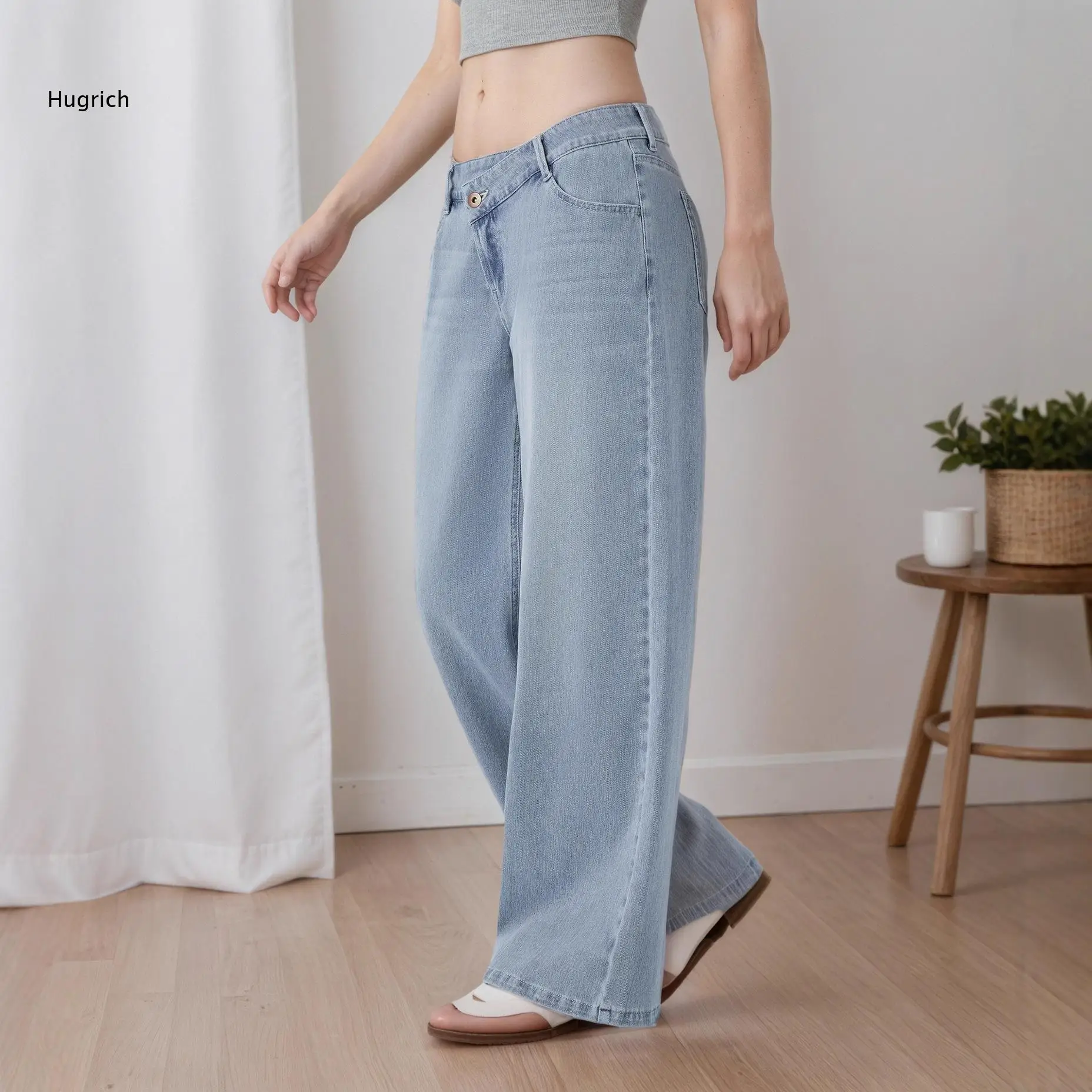 High Waist Light Blue Denim Jeans for Women Wide Leg Cut Relaxed Fit Everyday Wear Solid Color Spring Fashion